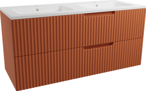 Linie Ribbo zwevend badmeubel 120 x 46 cm cotto met Vano dubbele wastafel in composietmarmer mat wit, Verticale symmetrische ronde ribbel