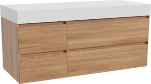 Balmani Mitra meuble salle de bains suspendu 135 x 55 cm teck avec Dominus tablette simple ou double en solid surface blanc mat