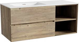 Storke Edge zwevend badkamermeubel 120 x 52 cm ruwe eik met Mata asymmetrisch linkse wastafel in solid surface mat wit