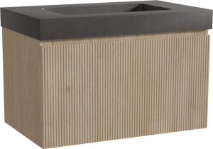 Storke Ribs zwevend badkamermeubel 85 x 52 cm ruwe eik met Scuro High enkele wastafel in kwarts mat zwart, Verticale symmetrische rechte ribbel