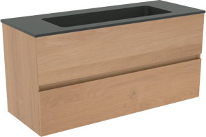 Storke Edge zwevend badkamermeubel 100 x 40 cm ruwe eik met Scuro enkele wastafel in kwarts mat zwart
