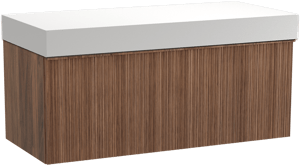 Balmani Forma zwevend badkamermeubel 120 x 55 cm amerikaanse notelaar met Dominus enkel of dubbel tablet in solid surface mat wit, Verticale asymmetrische ronde ribbel