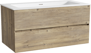 Storke Edge zwevend badkamermeubel 105 x 52 cm ruwe eik met Mata enkele wastafel voor 2 kraangaten in solid surface mat wit