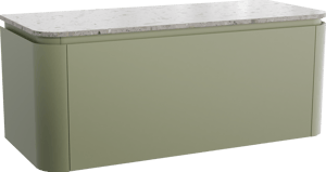 Balmani Moon hängendes Möbelstück Set: 130 x 55 cm, Salbeigrün, mit Moon Einzel- oder Doppel Waschtischplatte, Terrazzo in Greige