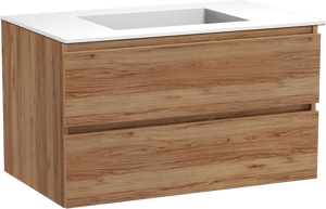 Balmani Lucida zwevend badkamermeubel 90 x 55 cm teak met Tablo Stretto enkele wastafel in solid surface mat wit