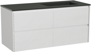 Storke Seda zwevend badkamermeubel 130 x 52 cm mat wit met Scuro asymmetrisch rechtse wastafel in kwarts mat zwart