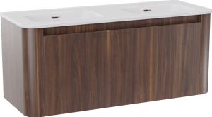 Storke Soft zwevend badmeubel 120 x 46 cm notenhout met Kera Soft dubbele wastafel in porselein mat wit