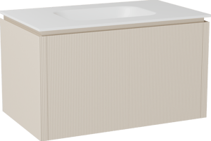 Balmani Eclips meuble salle de bains suspendu 90 x 55 cm Sandbeige avec Tablo Arcato plan simple en Solid Surface blanc mat, Nervure droite symétrique verticale