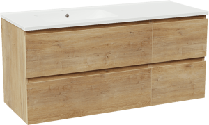 Linie Lado zwevend badkamermeubel 120 x 46 cm natuur eik met Vano asymmetrisch linkse wastafel in composietmarmer mat wit