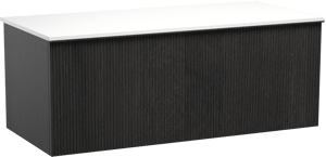 Balmani Forma zwevend badmeubel 120 x 55 cm zwart eiken met Stretto enkel of dubbel wastafelblad in solid surface mat wit, Verticale symmetrische rechte ribbel