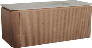 Balmani Moon meuble salle de bains suspendu 130 x 55 cm chêne naturel avec Moon plan simple en top solid soie grise, Nervure droite symétrique verticale