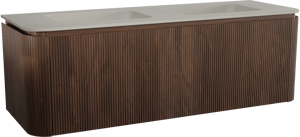 Balmani Moon zwevend badkamermeubel 160 x 55 cm amerikaanse notelaar met Moon dubbele wastafel in top solid zijdegrijs, Verticale symmetrische rechte ribbel