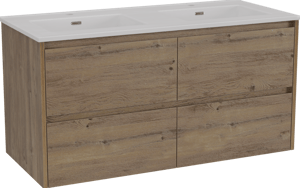 Storke Seda zwevend badmeubel 120 x 52 cm ruw eiken met Kera dubbele wastafel in porselein mat wit, afvoerpluggen inbegrepen