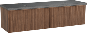 Balmani Forma zwevend badkamermeubel 180 x 55 cm amerikaanse notelaar met Rock dubbel tablet in graniet zwart, Verticale asymmetrische ronde ribbel