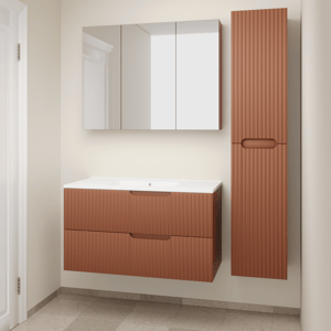 Linie Ribbo zwevend badkamermeubel 100 x 46 cm cotto met Vano enkele wastafel in composietmarmer mat wit, Verticale symmetrische ronde ribbe, Montro spiegelkast en Ribbo badkamerkast