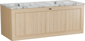 Balmani Lemon hängendes Möbelstück Set: 135 x 55 cm, Naturbelassene Eiche Furnier, mit Tablo Arcato Doppelwaschtisch, Carrara