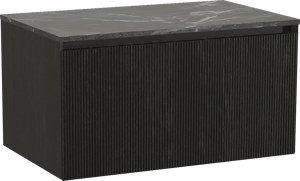 Balmani Fila by Mitra zwevend badkamermeubel 90 x 55 cm zwarte eik met Stretto enkel tablet in marmer pietra grey, Verticale symmetrische rechte ribbel