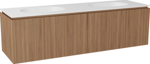 Balmani Eclips meuble salle de bains suspendu 180 x 55 cm Teck avec Tablo Oval double vasque en Solid Surface blanc mat, Nervure droite symétrique verticale
