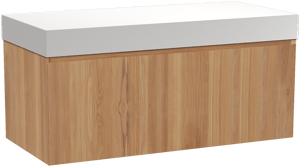 Balmani Idra by Mitra hängendes Möbelstück Set: 120 x 55 cm, Teak, mit Dominus Einzel- oder Doppel Waschtischplatte, Solid Surface Weiß matt