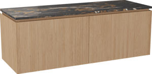 Balmani Eclips zwevend badmeubel 150 x 55 cm Natuur eiken met Stretto enkel of dubbel wastafelblad in Portoro Gold marmer, Verticale symmetrische rechte ribbel