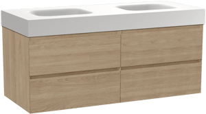 Balmani Mitra zwevend badkamermeubel 135 x 55 cm natuur eik met Arcato dubbele wastafel in solid surface mat wit
