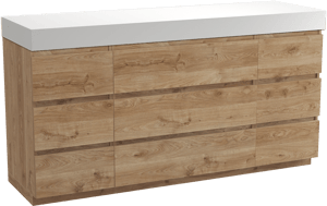Balmani Lucida meuble salle de bains à poser 180 x 55 cm chêne brut avec Dominus tablette simple ou double en solid surface blanc mat