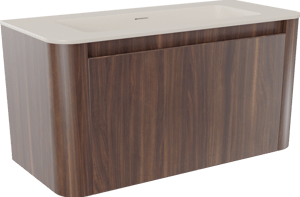 Storke Soft zwevend badkamermeubel 100 x 46 cm notelaar met Mata Soft enkele wastafel in solid surface beige granita