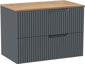 Linie Ribbo zwevend badkamermeubel 80 x 46 cm blauw antraciet met Lado enkel tablet in melamine natuur eik, Verticale symmetrische ronde ribbel