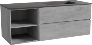 Storke Edge zwevend badkamermeubel 140 x 52 cm beton donkergrijs met Scuro asymmetrisch rechtse wastafel in kwarts mat zwart