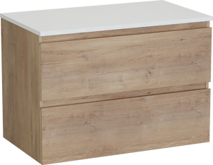 Linie Lado meuble salle de bains suspendu 80 x 46 cm chêne naturel avec Lado tablette simple en mélaminé terrazzo blanc