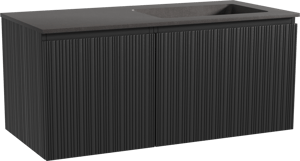 Storke Ribs zwevend badkamermeubel 110 x 52 cm zwarte eik met Scuro asymmetrisch rechtse wastafel in kwarts mat zwart, Verticale asymmetrische rechte ribbel