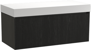 Balmani Fila by Mitra zwevend badkamermeubel 120 x 55 cm zwarte eik met Dominus enkel of dubbel tablet in solid surface mat wit, Verticale symmetrische rechte ribbel