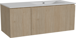 Storke Ribs zwevend badkamermeubel 120 x 52 cm ruwe eik met Diva asymmetrisch rechtse wastafel in composietmarmer glanzend wit, Verticale symmetrische rechte ribbel