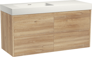 Storke Seda zwevend badkamermeubel 130 x 52 cm ruwe eik met Mata High asymmetrisch linkse wastafel in solid surface mat wit