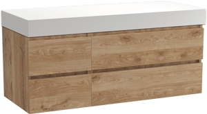 Balmani Lucida meuble salle de bains suspendu 135 x 55 cm chêne brut avec Dominus tablette simple ou double en solid surface blanc mat