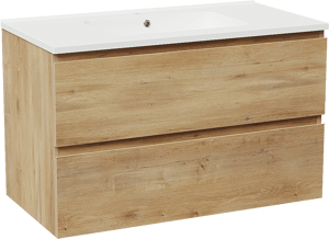 Linie Lado meuble salle de bains suspendu 90 x 46 cm chêne naturel avec Vano plan simple en marbre composite blanc mat