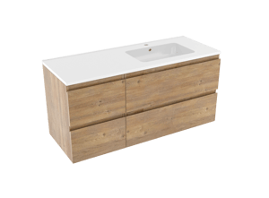 Linie Lado meuble salle de bains suspendu 120 x 46 cm chêne naturel avec Vano vasque asymétrique droite en marbre composite blanc brillant
