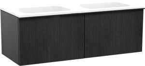 Balmani Forma zwevend badkamermeubel 135 x 55 cm zwarte eik met Tablo Strada dubbele wastafel in composietmarmer mat wit, Verticale symmetrische rechte ribbel