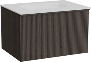 Balmani Forma zwevend badkamermeubel 75 x 55 cm gerookte eik met Tablo Arcato enkele wastafel in solid surface mat wit, Verticale symmetrische rechte ribbel
