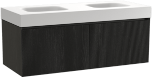 Balmani Fila by Mitra zwevend badmeubel 135 x 55 cm zwart eiken met Arcato dubbele wastafel in solid surface mat wit, Verticale symmetrische rechte ribbel