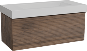 Balmani Forma zwevend badkamermeubel 120 x 55 cm amerikaanse notelaar met Modus enkele wastafel voor 2 kraangaten in solid surface mat wit, Horizontale symmetrische rechte ribbel