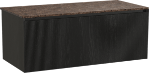 Balmani Fila by Mitra zwevend badkamermeubel 120 x 55 cm zwarte eik met Stretto enkel of dubbel tablet in marmer dark emperador, Verticale symmetrische rechte ribbel