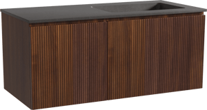 Storke Ribs zwevend badkamermeubel 110 x 52 cm notelaar met Scuro asymmetrisch rechtse wastafel in kwarts mat zwart, Verticale symmetrische rechte ribbel