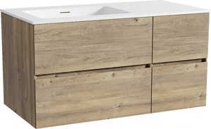 Storke Edge zwevend badkamermeubel 100 x 52 cm ruwe eik met Mata asymmetrisch linkse wastafel in solid surface mat wit