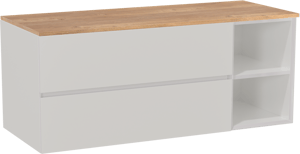 Storke Edge zwevend badkamermeubel 130 x 52 cm glanzend wit met Panton enkel of dubbel tablet in melamine ruwe eik