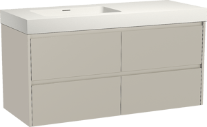 Storke Seda zwevend badkamermeubel 130 x 52 cm zijdegrijs met Mata High asymmetrisch linkse wastafel in solid surface mat wit