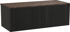 Balmani Fila by Mitra zwevend badkamermeubel 135 x 55 cm zwarte eik met Stretto enkel of dubbel tablet in marmer dark emperador, Verticale symmetrische rechte ribbel