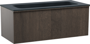 Balmani Forma zwevend badkamermeubel 120 x 55 cm gerookte eik met Tablo Strada enkele wastafel voor 2 kraangaten in composietmarmer mat zwart, Verticale symmetrische rechte ribbel
