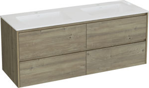 Storke Seda zwevend badkamermeubel 150 x 52 cm ruwe eik met Bilia dubbele wastafel in composietmarmer glanzend wit