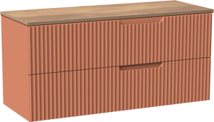 Linie Ribbo zwevend badmeubel 120 x 46 cm cotto met Lado enkel of dubbel wastafelblad in melamine naturel eiken, Verticale symmetrische ronde ribbel